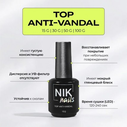 Nik Nails anti-vandal топ без липкого слоя 15мл.